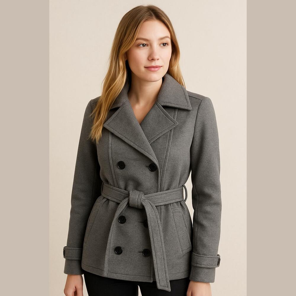 JouJou Gray Knit Double Breasted Belted Fall Winter Outdoor Peacoat Jacket M
